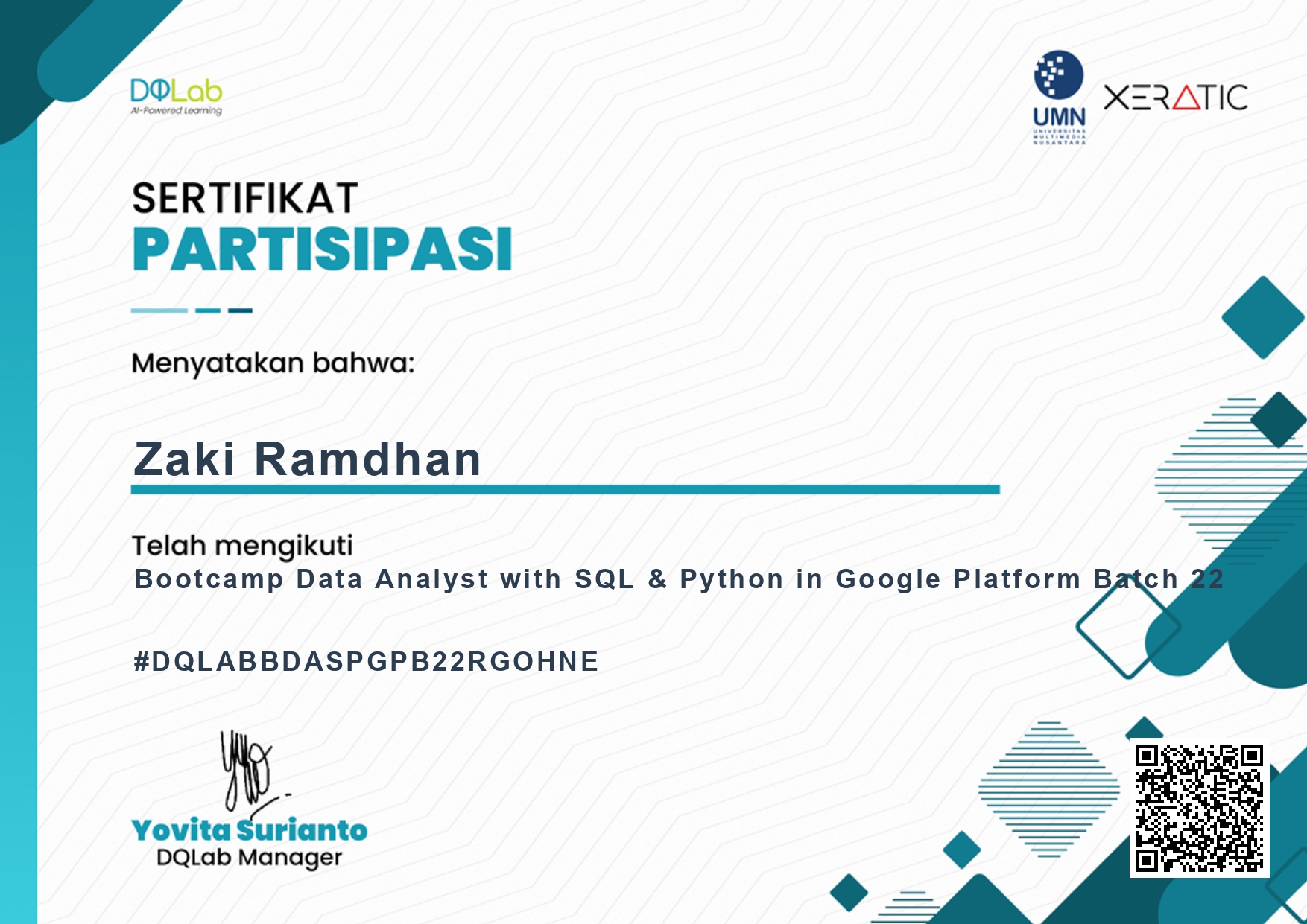 DQLab Data Analyst bootcamp certificate